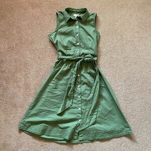 J.Crew Women’s 0 Green Sleeveless Belted Shirt Dress Collared A-Line Midi